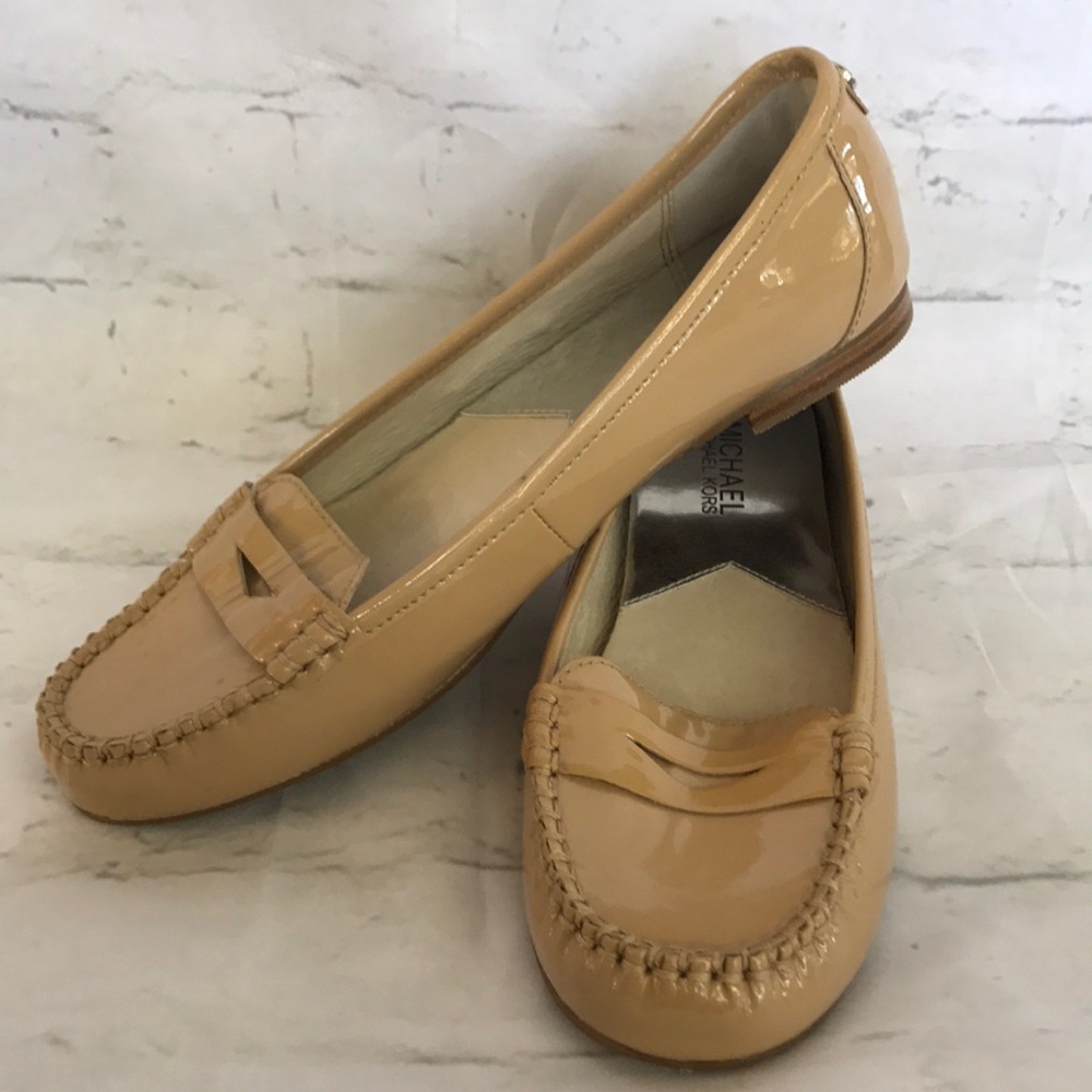 MK neutral patent leather penny loafers